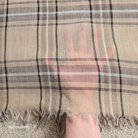 Wool Lightweight Tan Plaid Scarf - Picture 7 of 14